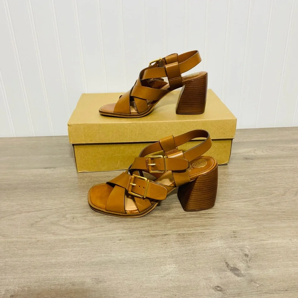 Used women Vince Camuto Penina Tailored Leather Heeled Sandal size 6.5 no box - Picture 1 of 9